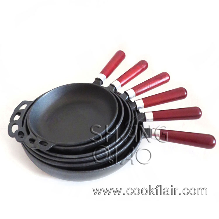 Set of 6 Pieces Pre-seasoned Cast Iron Fry Pan Set with Wooden Handle