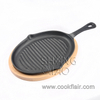 Pre-seasoned Cast Iron Ribbed Grill Pan with Wooden Base