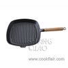 Pre-seasoned Cast Iron Square Grill Pan with Wooden Handle