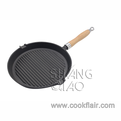 Pre-seasoned Cast Iron Round Grill Pan with Wooden Handle