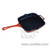 Orange Enameled Cast Iron Grill Pan with Long Handle
